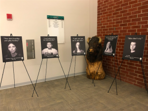 Pieces of the installation in the athletics building, featuring both male and female student-athletes. 